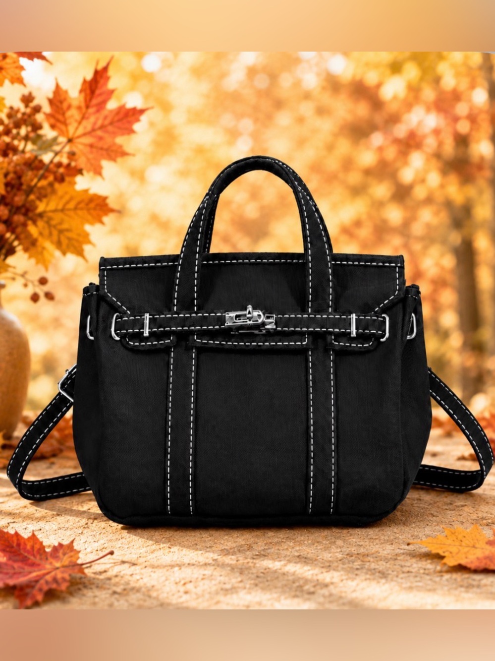 Small Black Canvas Tote Bag with Adjustable Strap
